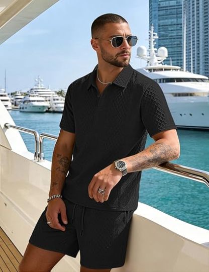 Men's 2 Pieces Outfits Casual Polo Shirt and Shorts Set Collar Athletic Jogging Summer Tracksuit