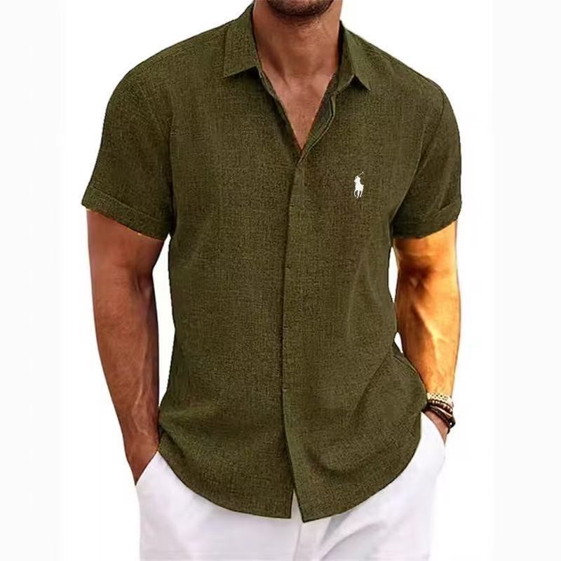 2025 Cross-Border New Hot Loose Sweatshirt Solid Color Short-Sleeved Cotton Linen Shirt Men'S Beach Large Size Men'S Short-Sleeved Shirt