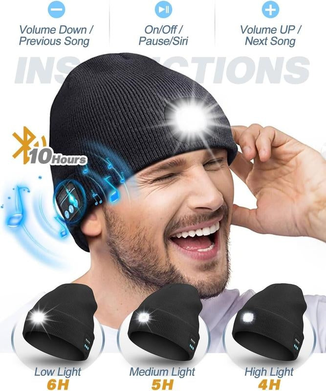 Unisex Bluetooth Beanie with 4 LED Lights & Cordless Headphones – USB Rechargeable Knit Hat