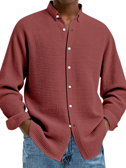 Men's Casual Solid Color Waffle Button Long Sleeve Shirt