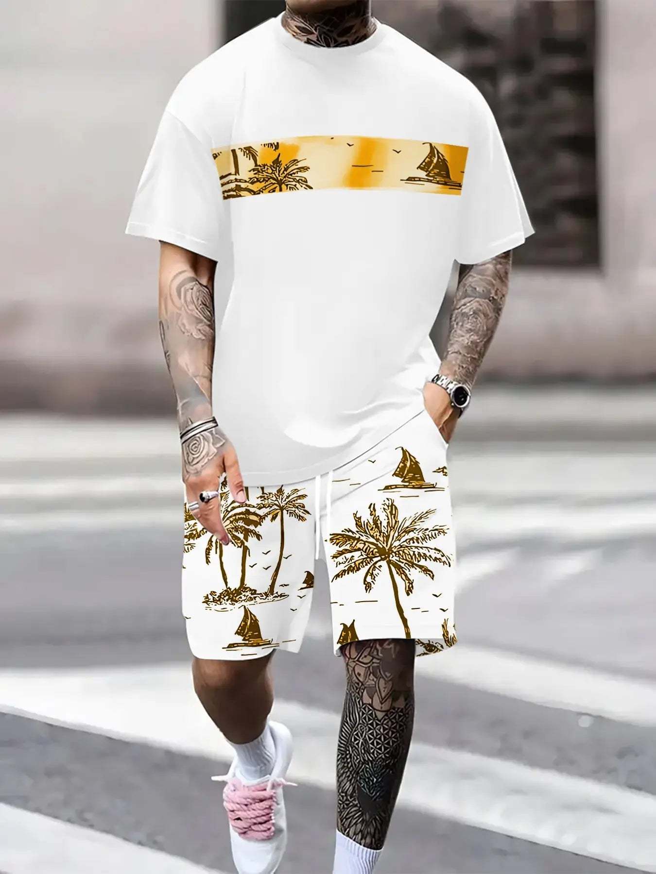Men's Tropical Palm Tree Print Short-Sleeve Shirt and Shorts Set