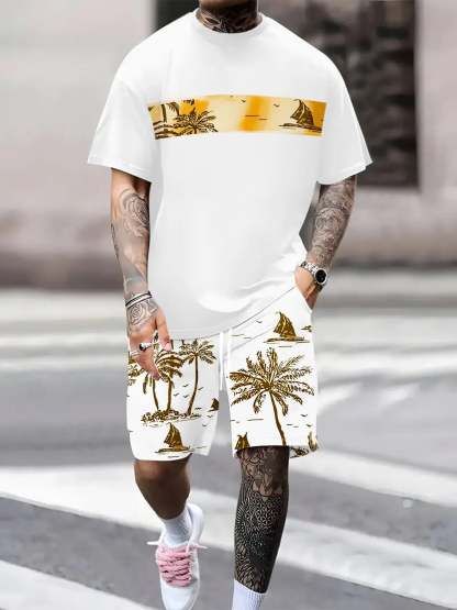 Men's Tropical Palm Tree Print Short-Sleeve Shirt and Shorts Set