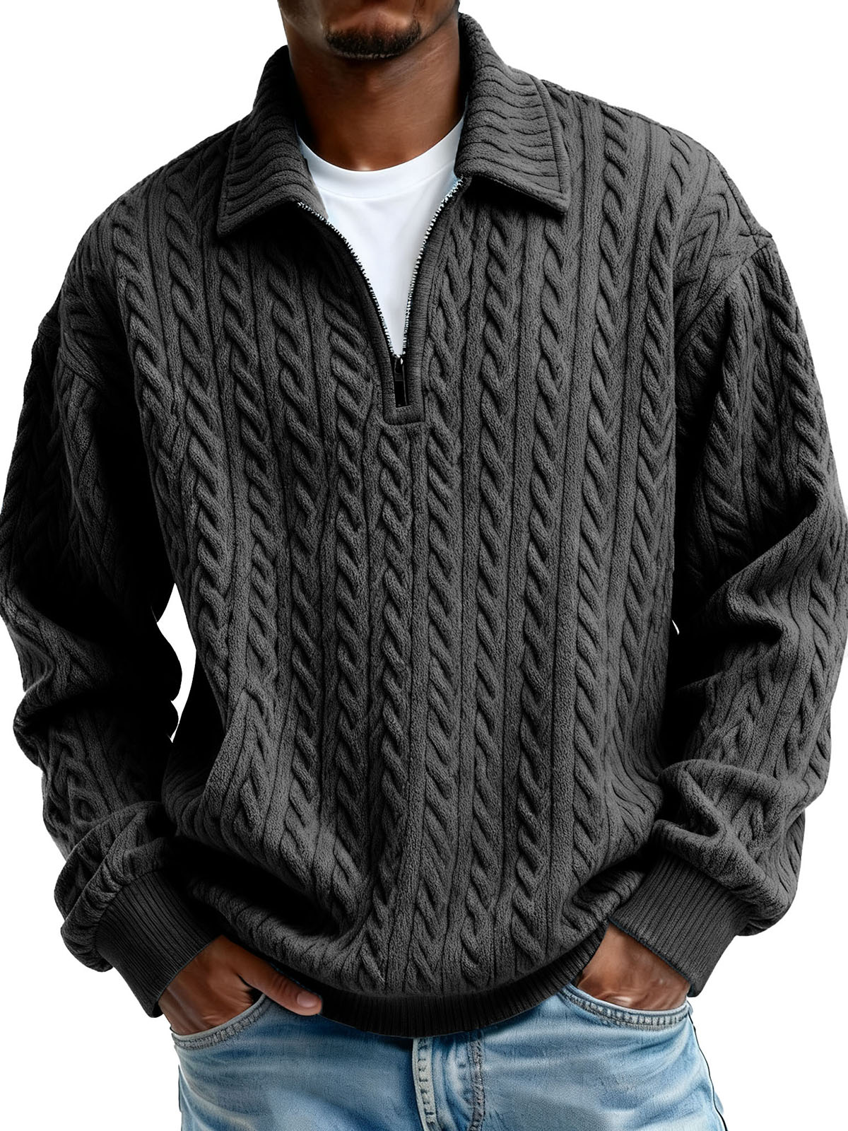 Men's Clothing Fashionable Casual Twist Texture Fabric Lapel Zipper Long-sleeved Hoodie