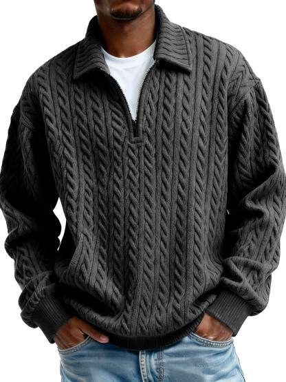 Men's Clothing Fashionable Casual Twist Texture Fabric Lapel Zipper Long-sleeved Hoodie