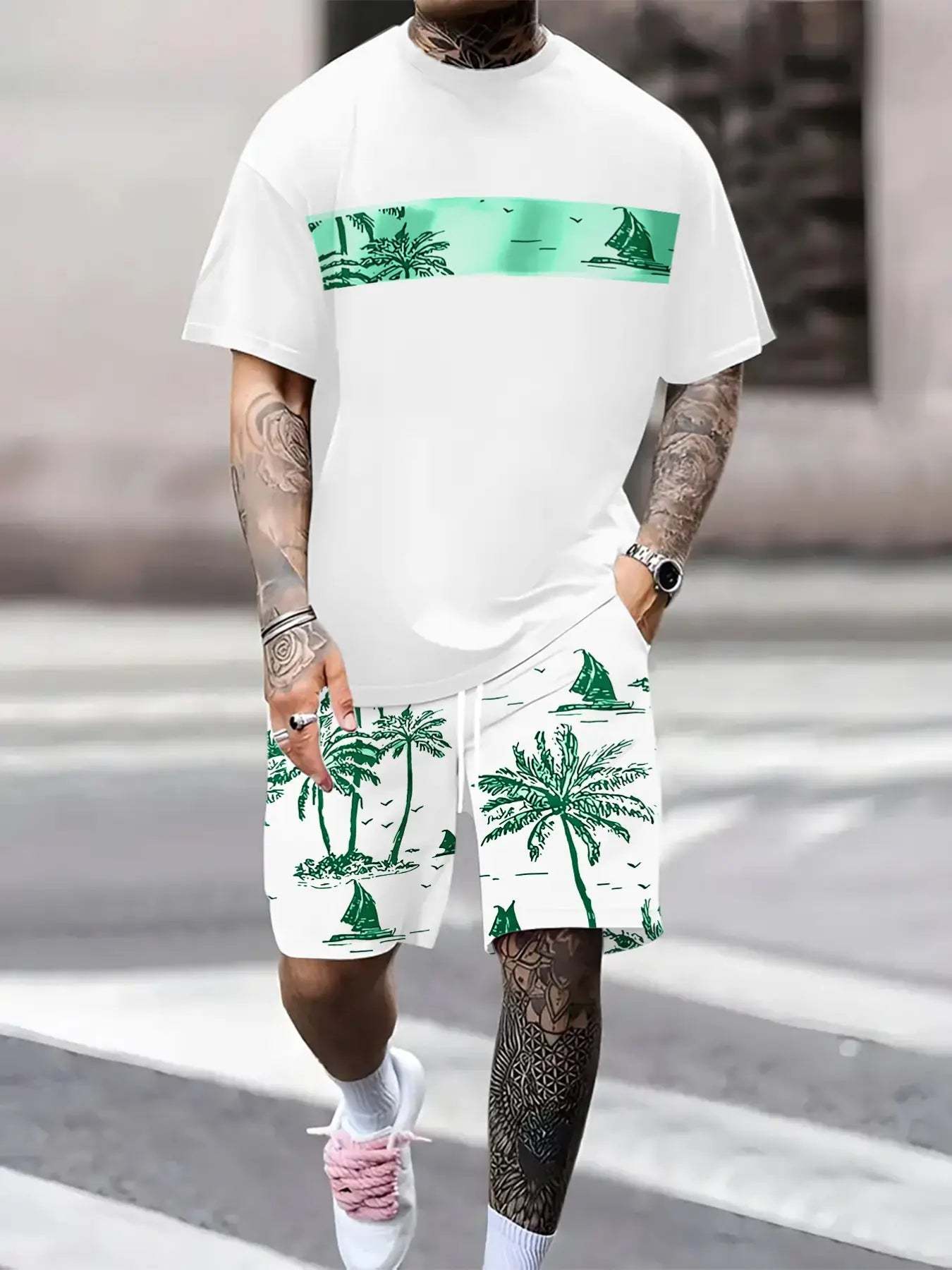 Men's Tropical Palm Tree Print Short-Sleeve Shirt and Shorts Set