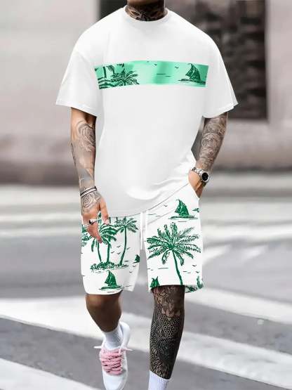 Men's Tropical Palm Tree Print Short-Sleeve Shirt and Shorts Set