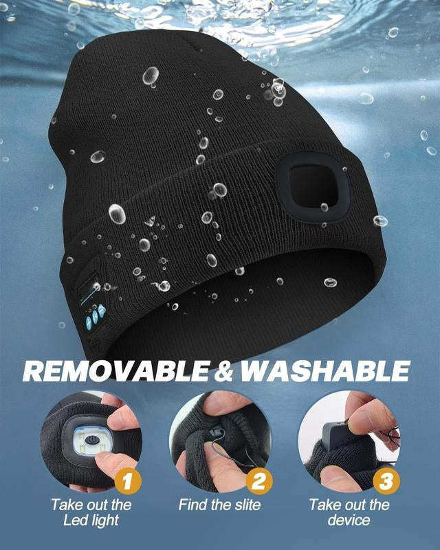 Unisex Bluetooth Beanie with 4 LED Lights & Cordless Headphones – USB Rechargeable Knit Hat