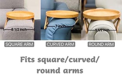 Side Tables Natural Bamboo Sofa Armrest Clip-On Tray, Ideal for Remote/Drinks/Phone (Round)