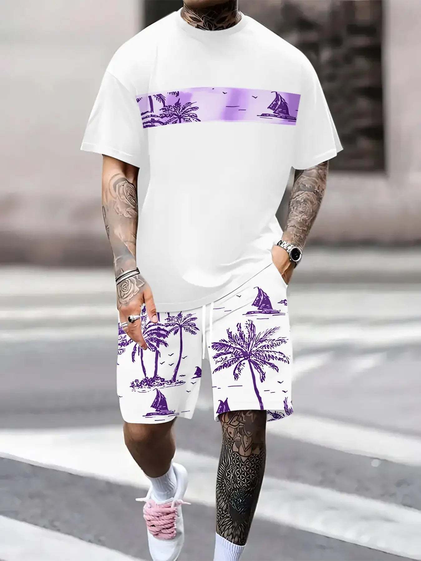 Men's Tropical Palm Tree Print Short-Sleeve Shirt and Shorts Set