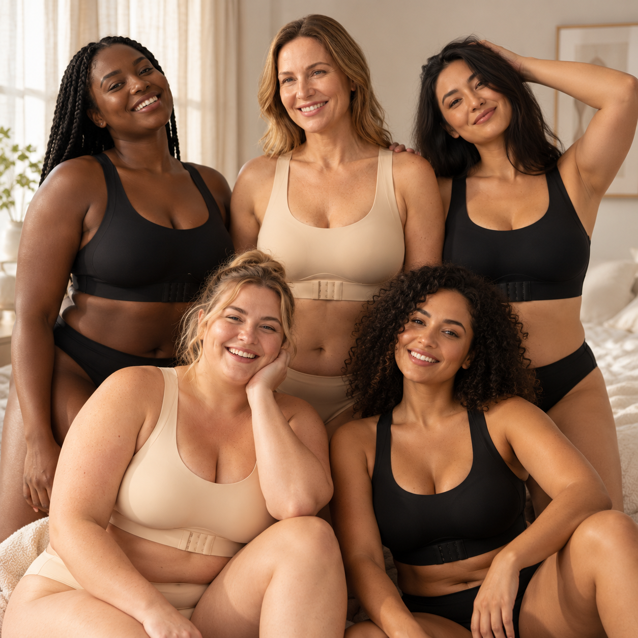 Women wearing black and beige posture support bras