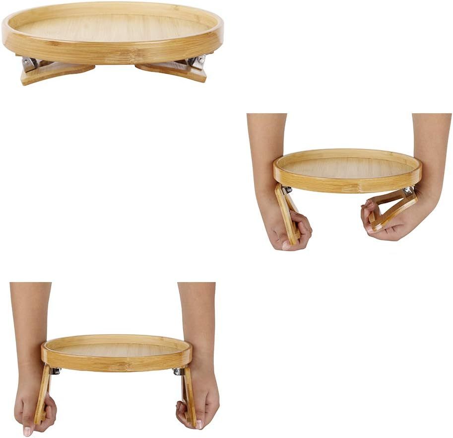 Side Tables Natural Bamboo Sofa Armrest Clip-On Tray, Ideal for Remote/Drinks/Phone (Round)