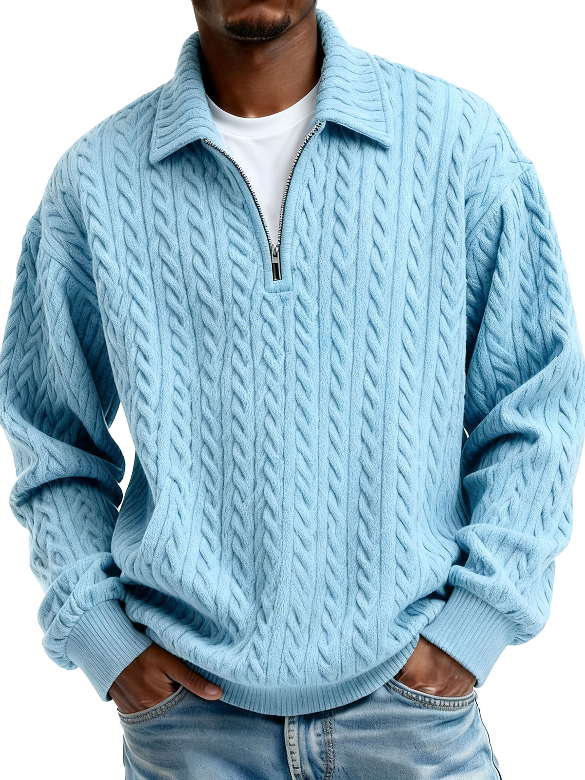 Men's Clothing Fashionable Casual Twist Texture Fabric Lapel Zipper Long-sleeved Hoodie