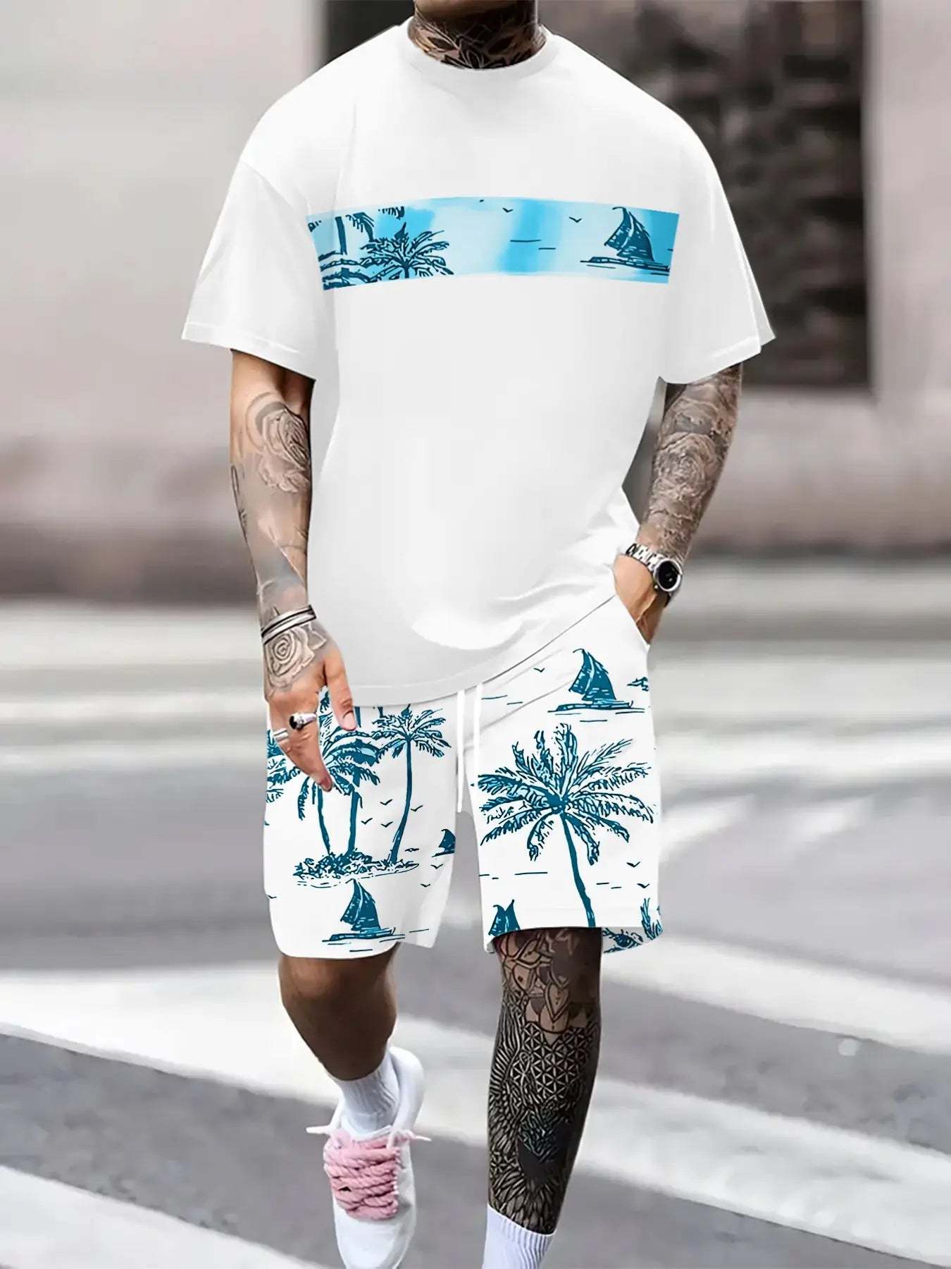 Men's Tropical Palm Tree Print Short-Sleeve Shirt and Shorts Set
