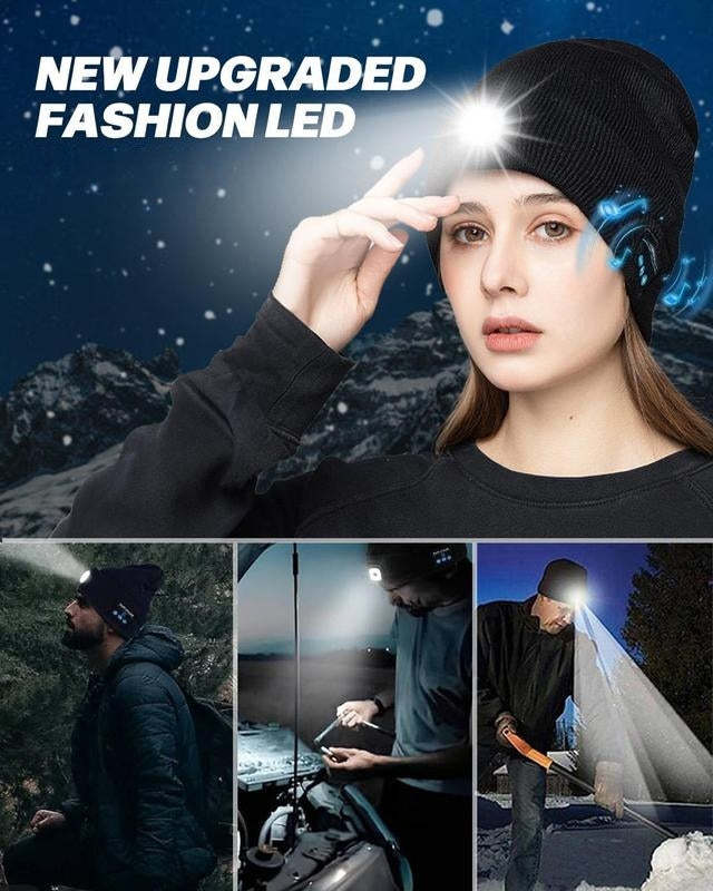 Unisex Bluetooth Beanie with 4 LED Lights & Cordless Headphones – USB Rechargeable Knit Hat