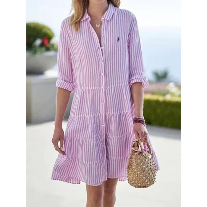 RL Women's Long Sleeve Striped Shirt Dress