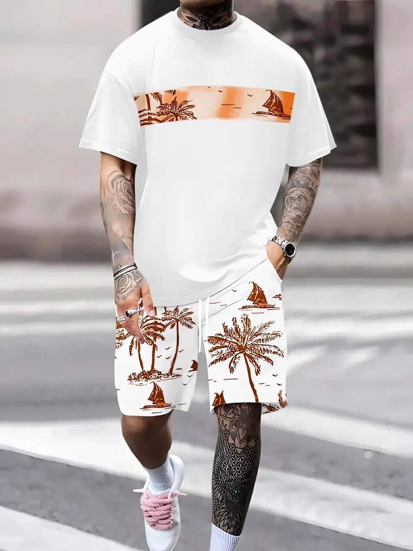 Men's Tropical Palm Tree Print Short-Sleeve Shirt and Shorts Set