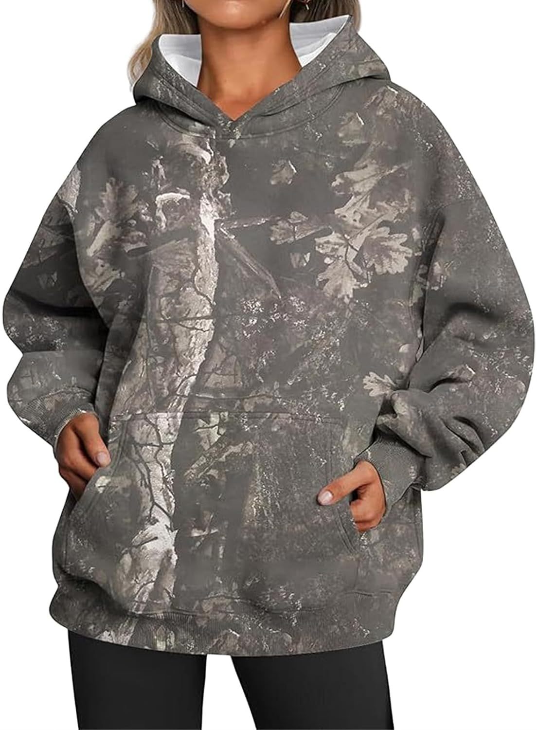 Camo Hoodie Womens Trendy Oversized Hooded Sweatshirt Maple Leaf Print Color Block Pullover Sweatshirts
