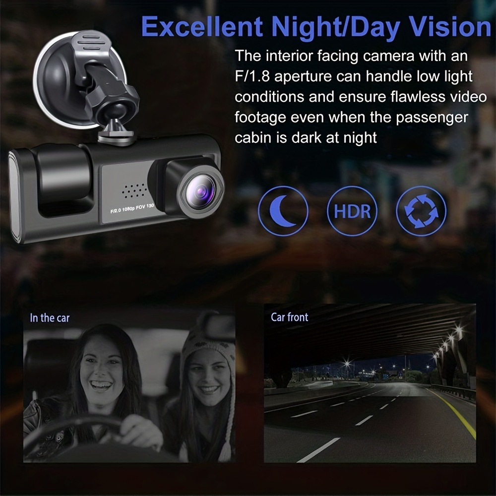 1080P 2 Cameras Dash Cam W/ IR Night Vision, Loop Recording & 2" IPS Screen