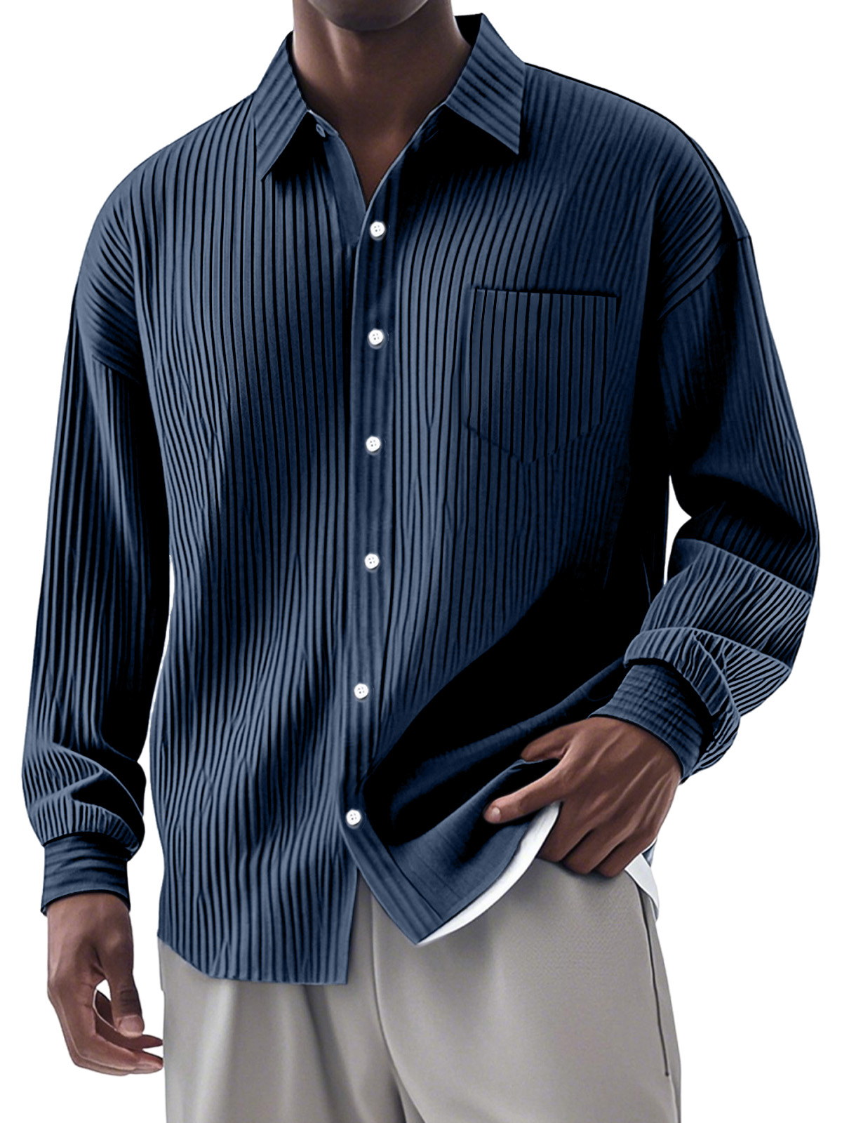 Men's Casual Simple Vertical Pit Strip Long-sleeved Lapel Shirt
