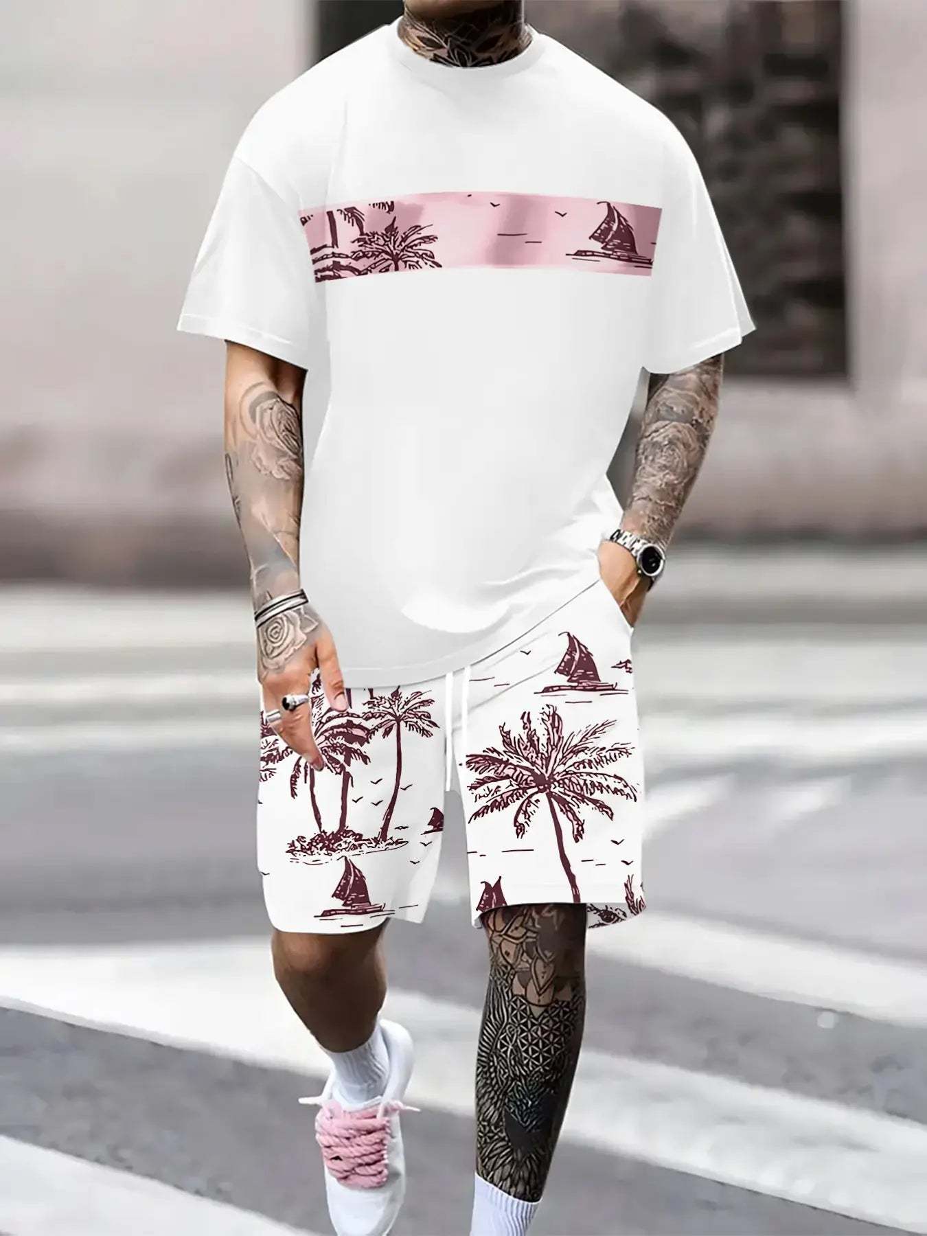 Men's Tropical Palm Tree Print Short-Sleeve Shirt and Shorts Set