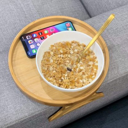 Side Tables Natural Bamboo Sofa Armrest Clip-On Tray, Ideal for Remote/Drinks/Phone (Round)