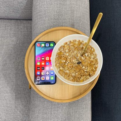 Side Tables Natural Bamboo Sofa Armrest Clip-On Tray, Ideal for Remote/Drinks/Phone (Round)