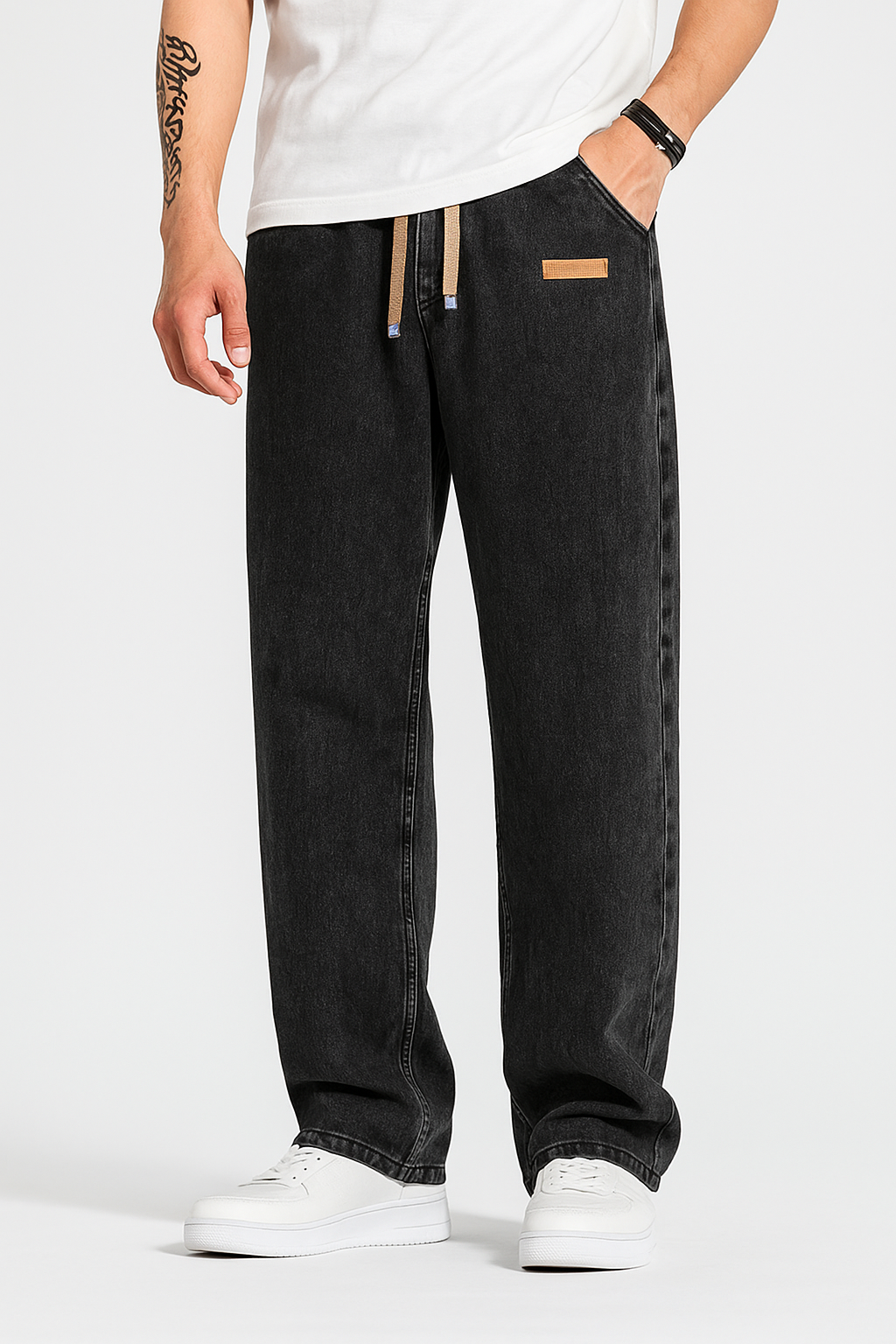 Men's Regular Fit Patched Drawstring Waist Jeans