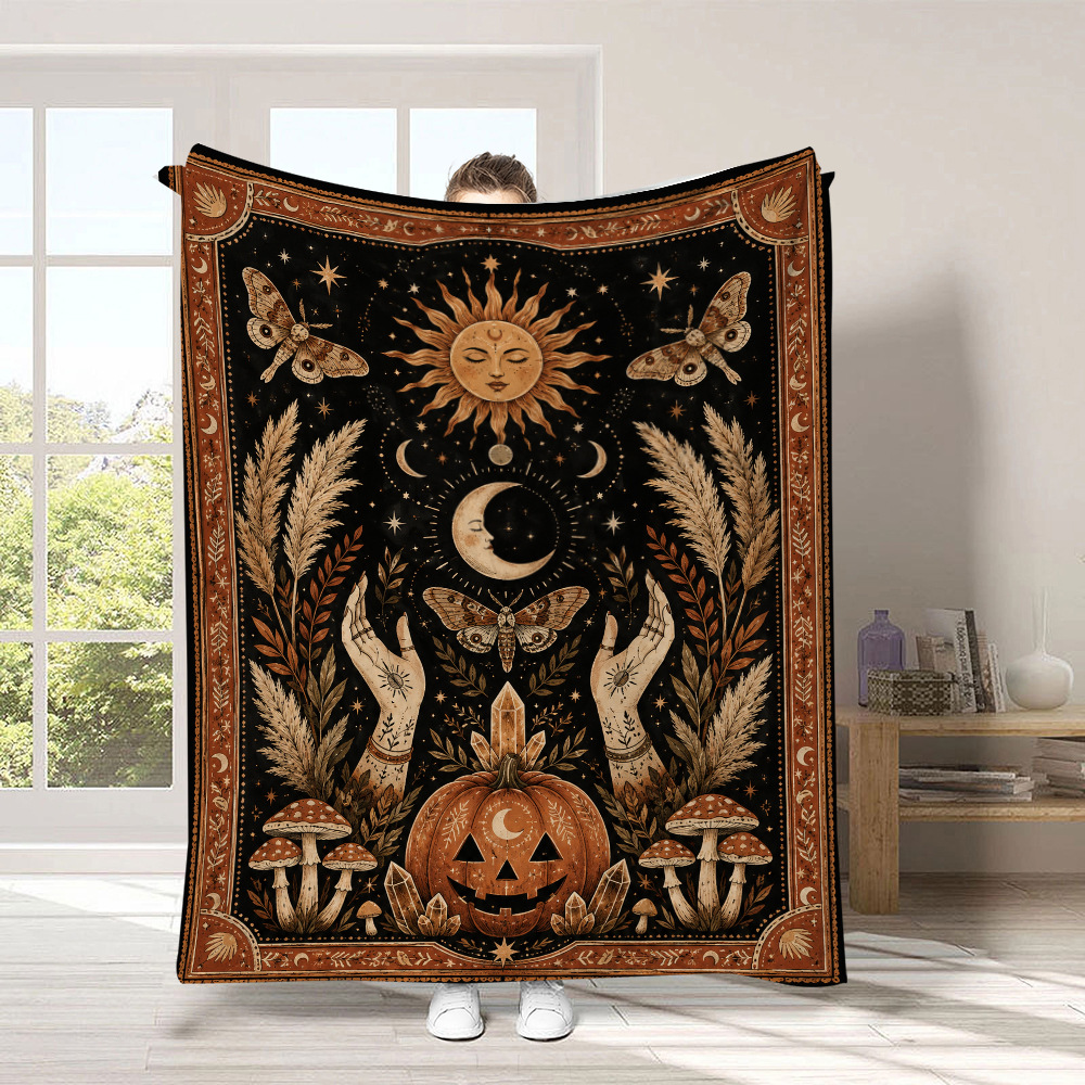 Black Cat & Pumpkin Halloween Flannel Throw