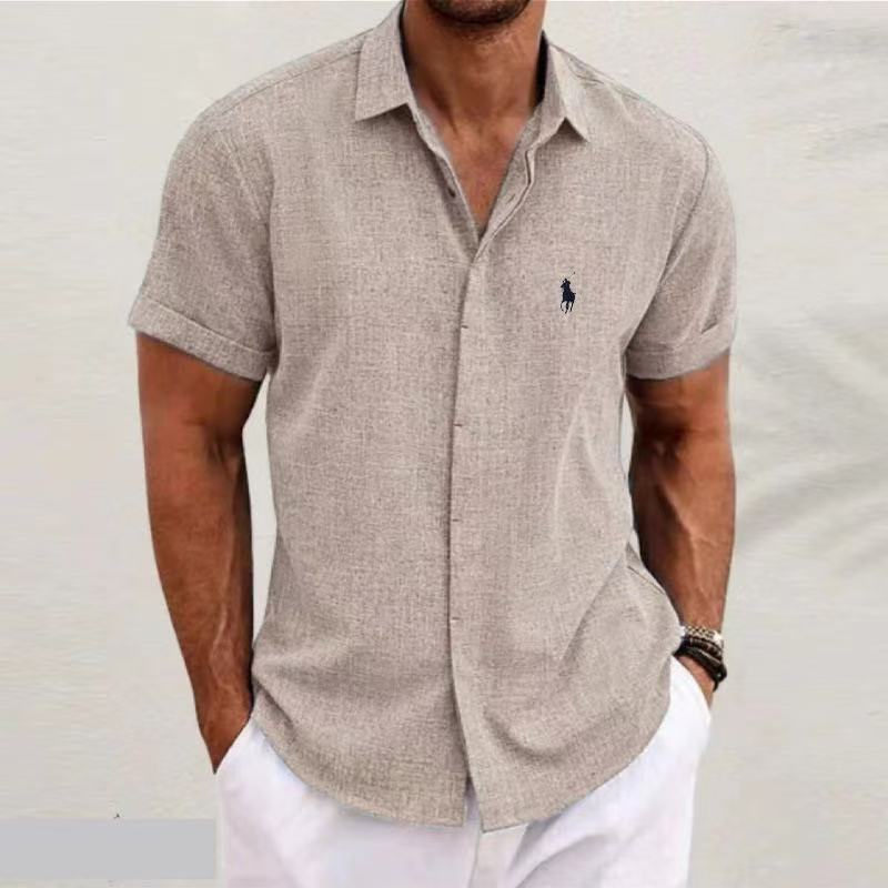 2025 Cross-Border New Hot Loose Sweatshirt Solid Color Short-Sleeved Cotton Linen Shirt Men'S Beach Large Size Men'S Short-Sleeved Shirt