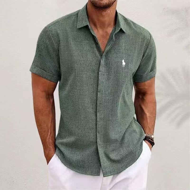 2025 Cross-Border New Hot Loose Sweatshirt Solid Color Short-Sleeved Cotton Linen Shirt Men'S Beach Large Size Men'S Short-Sleeved Shirt