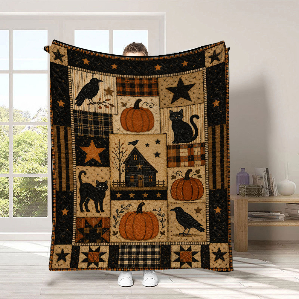 Black Cat & Pumpkin Halloween Flannel Throw