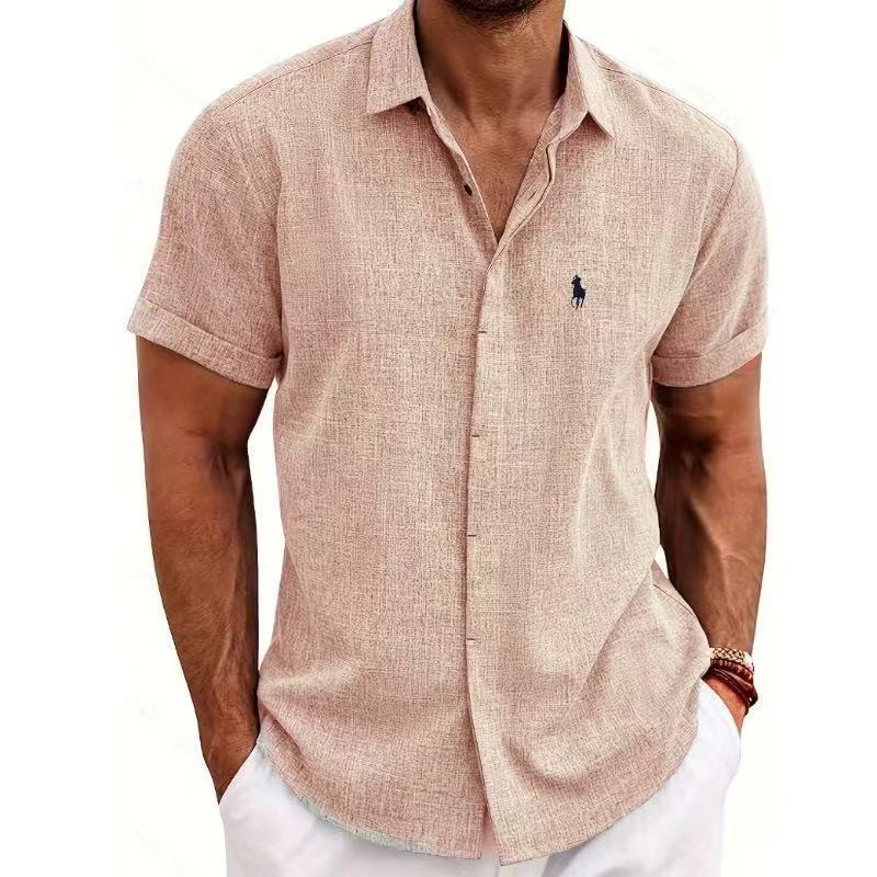 2025 Cross-Border New Hot Loose Sweatshirt Solid Color Short-Sleeved Cotton Linen Shirt Men'S Beach Large Size Men'S Short-Sleeved Shirt