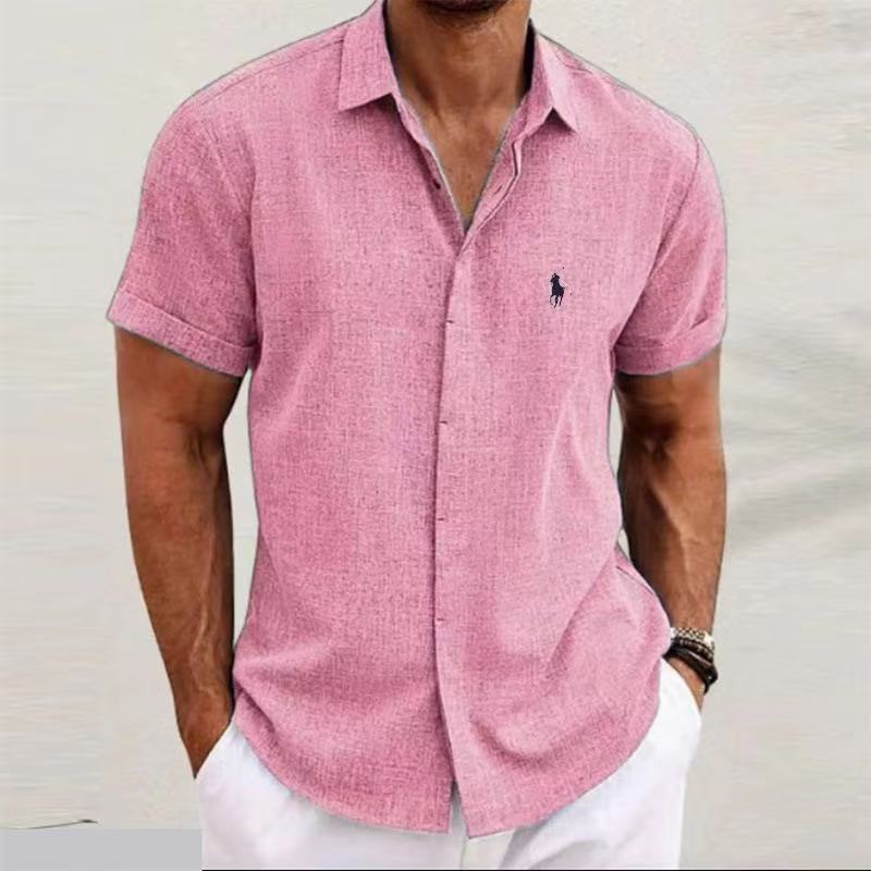 2025 Cross-Border New Hot Loose Sweatshirt Solid Color Short-Sleeved Cotton Linen Shirt Men'S Beach Large Size Men'S Short-Sleeved Shirt