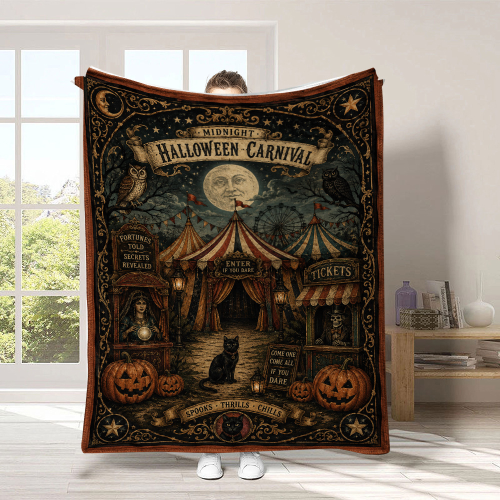 Black Cat & Pumpkin Halloween Flannel Throw
