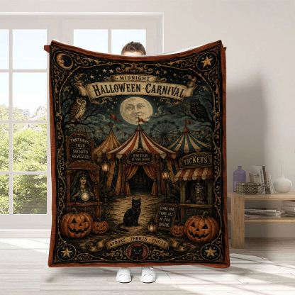 Black Cat & Pumpkin Halloween Flannel Throw