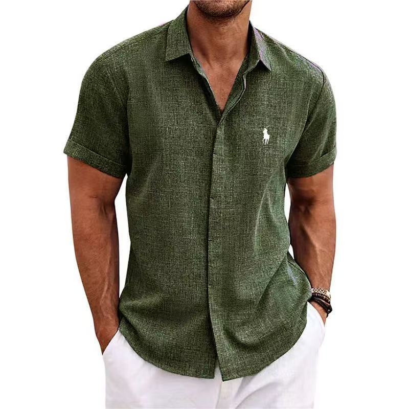 2025 Cross-Border New Hot Loose Sweatshirt Solid Color Short-Sleeved Cotton Linen Shirt Men'S Beach Large Size Men'S Short-Sleeved Shirt