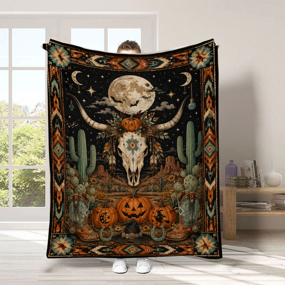 Black Cat & Pumpkin Halloween Flannel Throw
