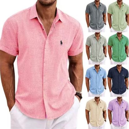 2025 Cross-Border New Hot Loose Sweatshirt Solid Color Short-Sleeved Cotton Linen Shirt Men'S Beach Large Size Men'S Short-Sleeved Shirt