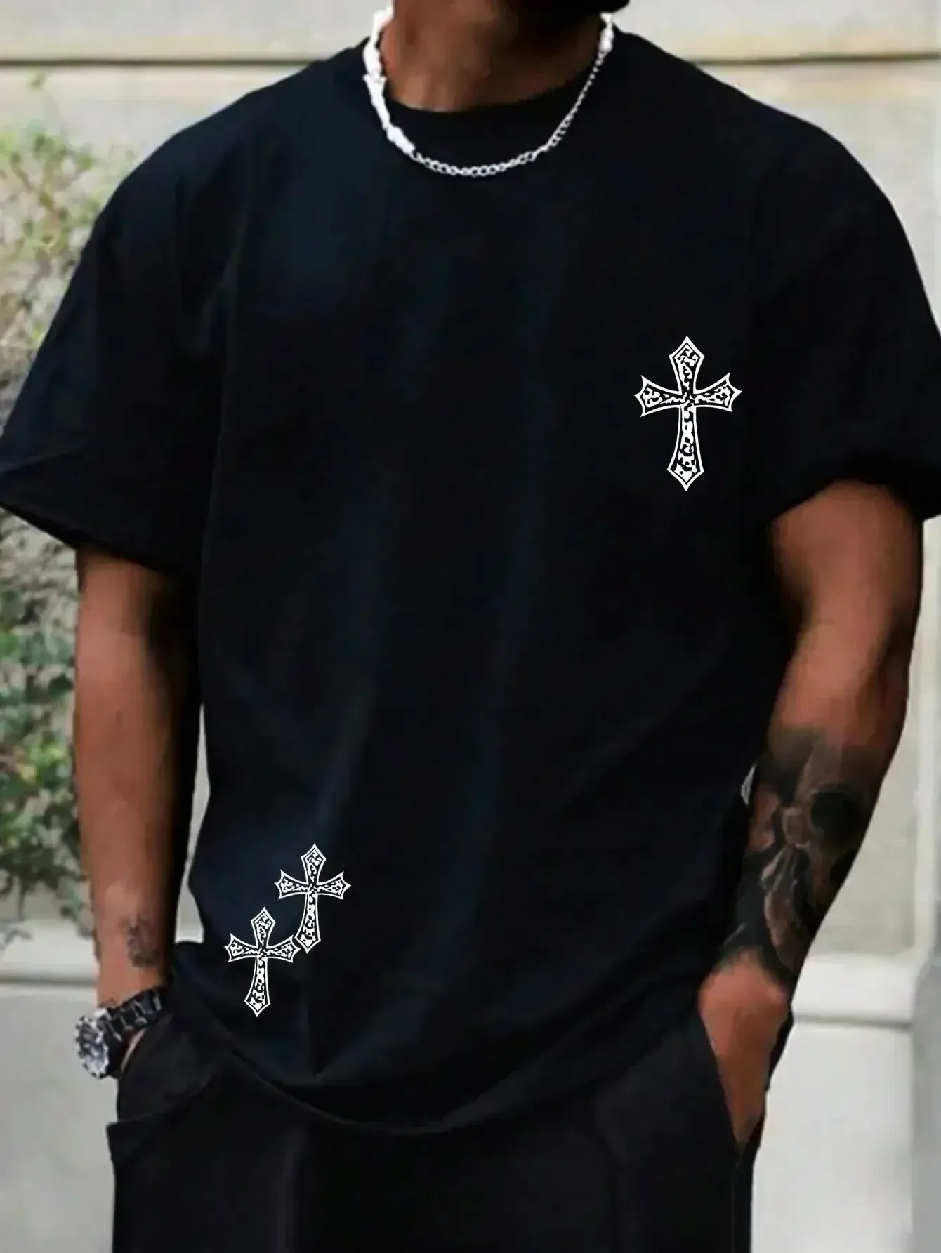 2024 Summer New Men's 100% Cotton Fun Cross Pattern Printed Vintage Di