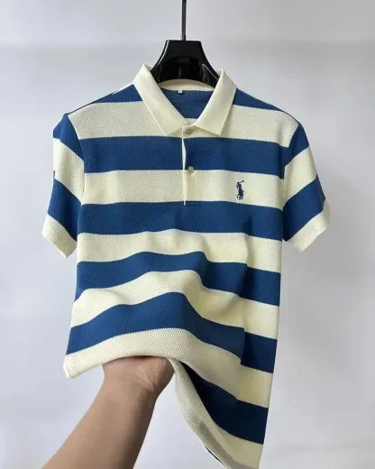 Men’s High-End Striped Polo – Summer Casual Embroidered Tee