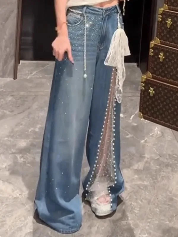 Lace Mesh Patchwork Baggy Jeans