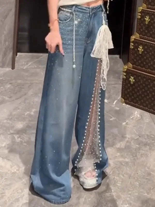 Lace Mesh Patchwork Baggy Jeans