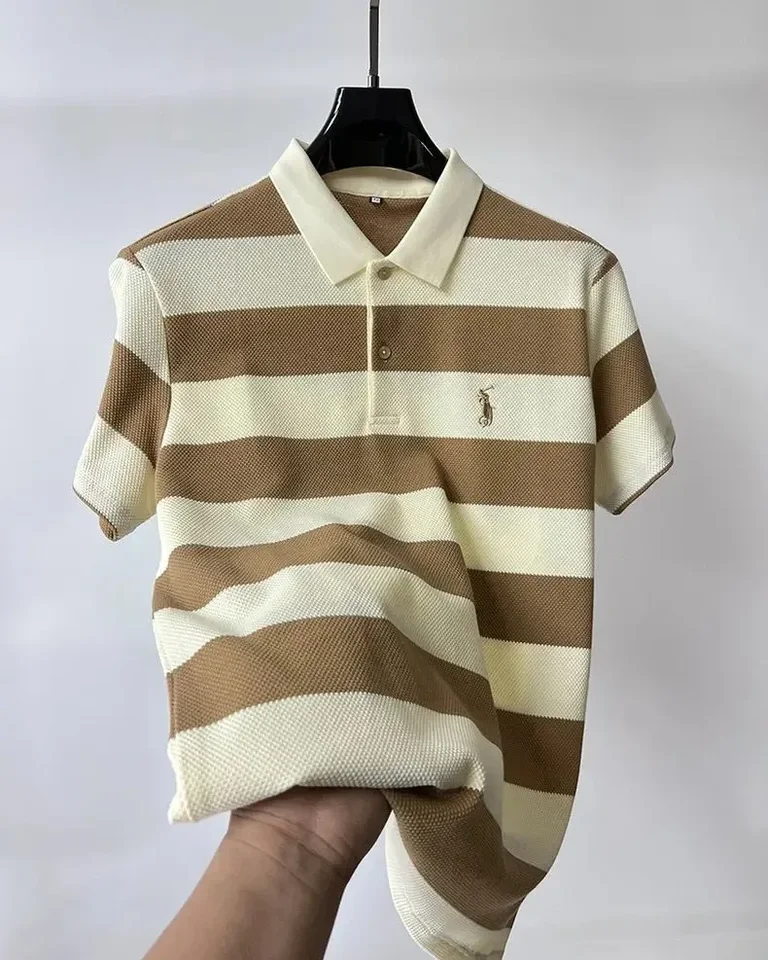 Men’s High-End Striped Polo – Summer Casual Embroidered Tee