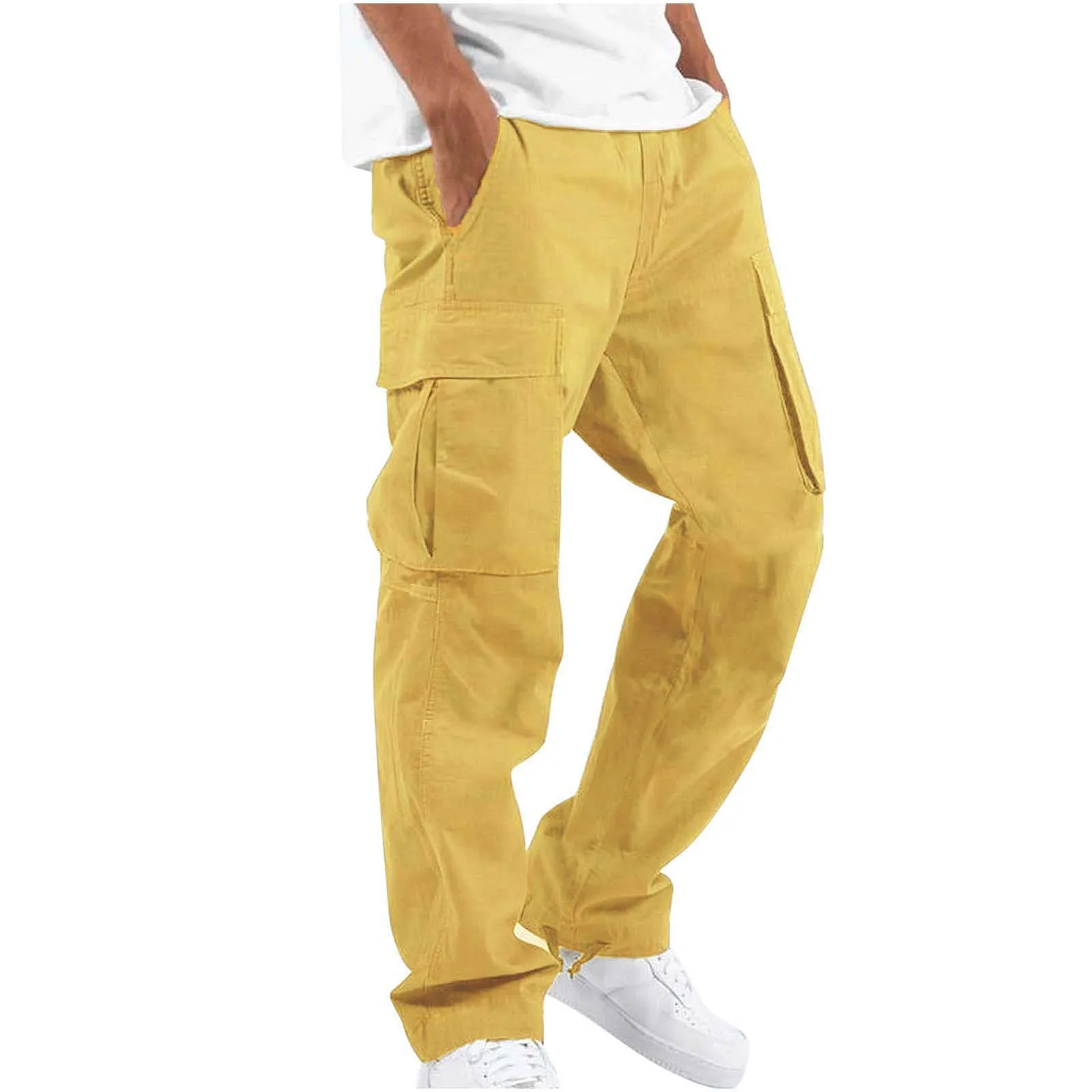 New 2025 Pocket Design Solid Cargo Pants Trousers for Men Full Length Casual Loose Drawstring Pockets Pants Male Cargo Pants 5XL