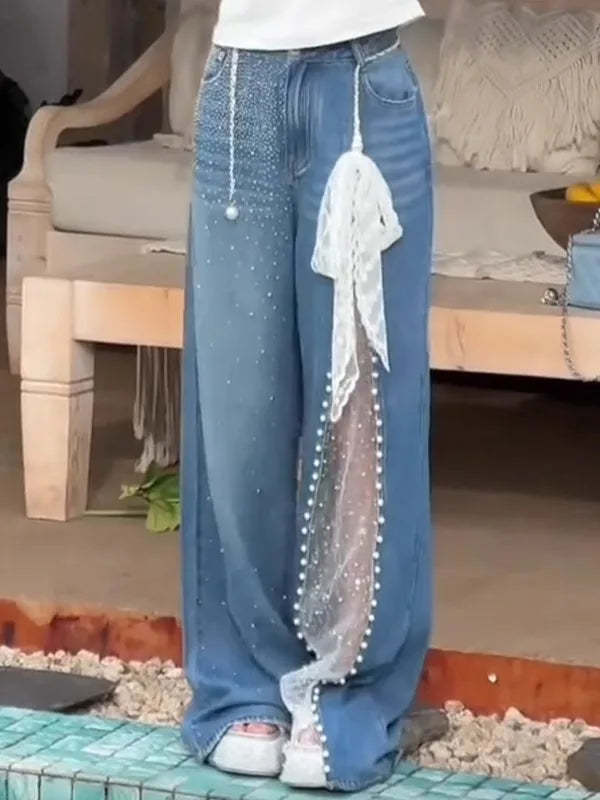 Lace Mesh Patchwork Baggy Jeans