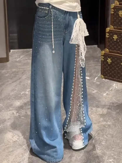 Lace Mesh Patchwork Baggy Jeans