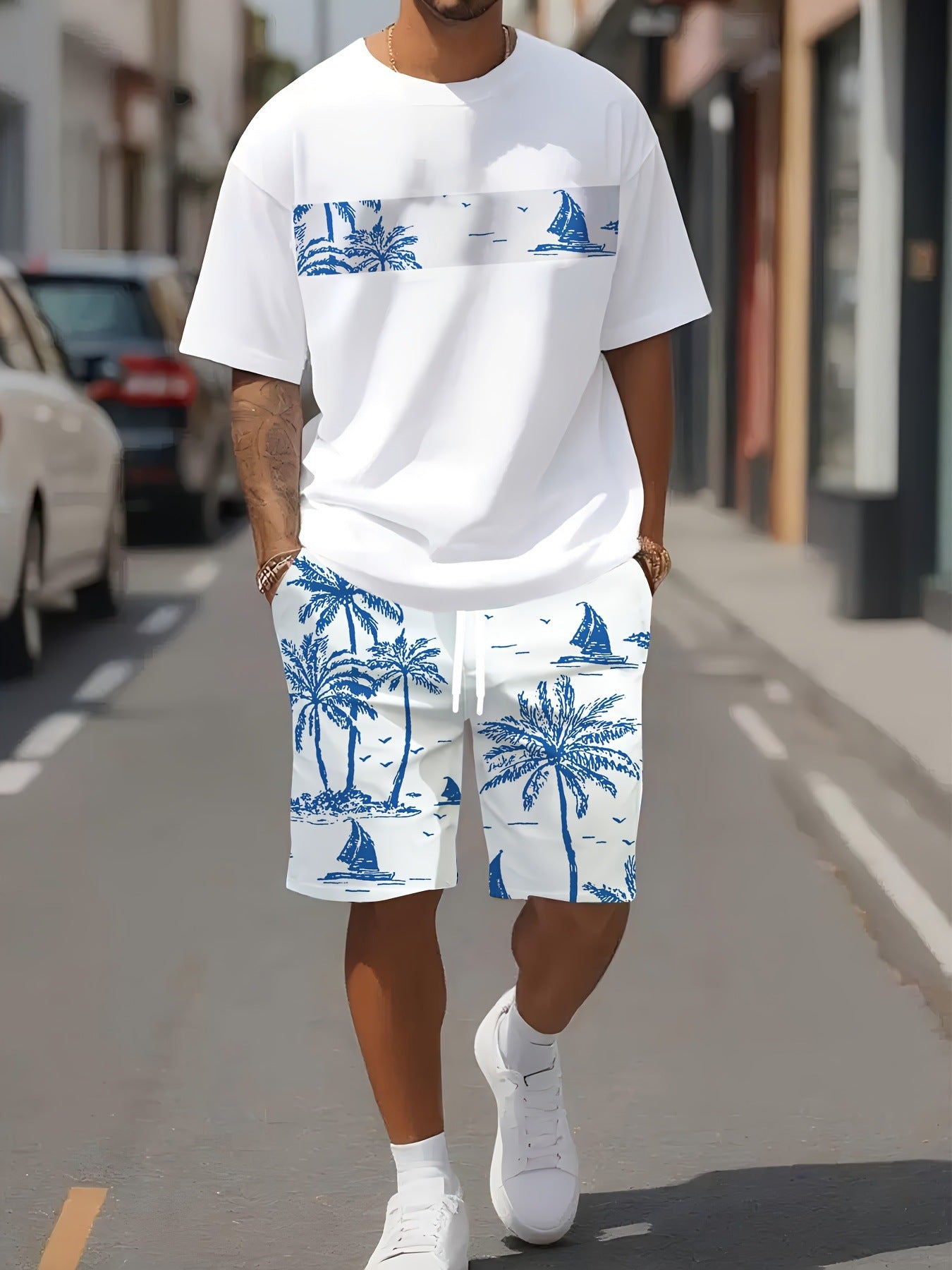 Men's Tropical Palm Tree Print Short-Sleeve Shirt and Shorts Set