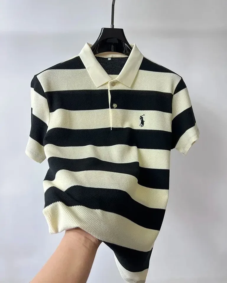 Men’s High-End Striped Polo – Summer Casual Embroidered Tee