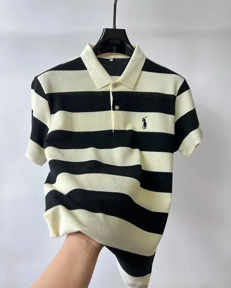Men’s High-End Striped Polo – Summer Casual Embroidered Tee