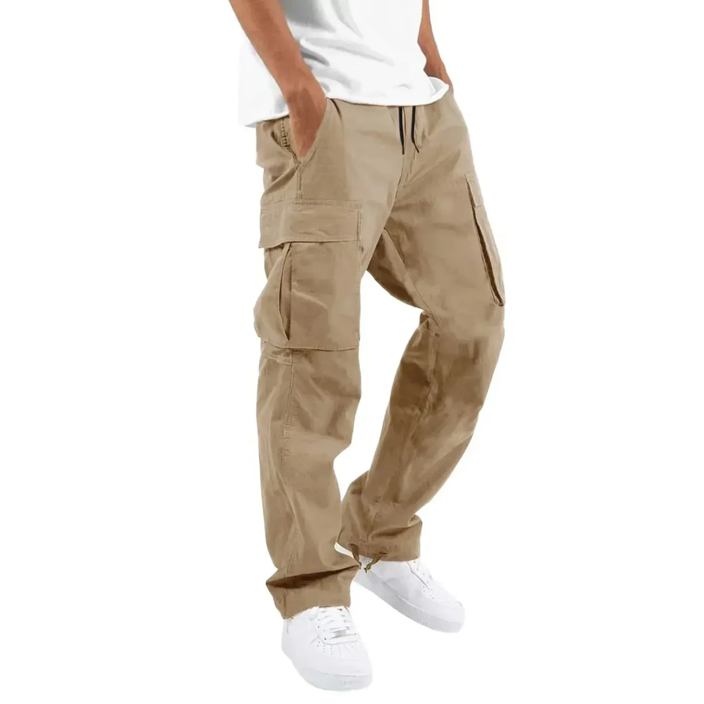 New 2025 Pocket Design Solid Cargo Pants Trousers for Men Full Length Casual Loose Drawstring Pockets Pants Male Cargo Pants 5XL